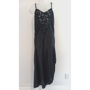 VTG Flora Nikrooz Slip Dress Womens Large Black Gown Satin Strappy Sheer Rosette